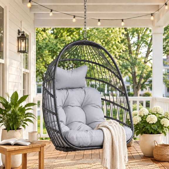 RADIATA Patio Hanging Egg Chair Without Stand, 5" Cushion 3-Second Folding Wicker Outdoor Swing Chair No Stand Tree or Ceiling Hanging for Garden, Porch, Balcony,350 lb, Light Gray