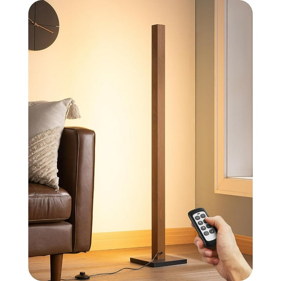 Mid Century Modern Floor Lamp with Remote, Dimmable Wood LED Corner Lamp, Minimalist Standing Mood Lighting for Living Room, Bedroom, Office, 7 Color Temperature 2700K~6000K, 48.43"