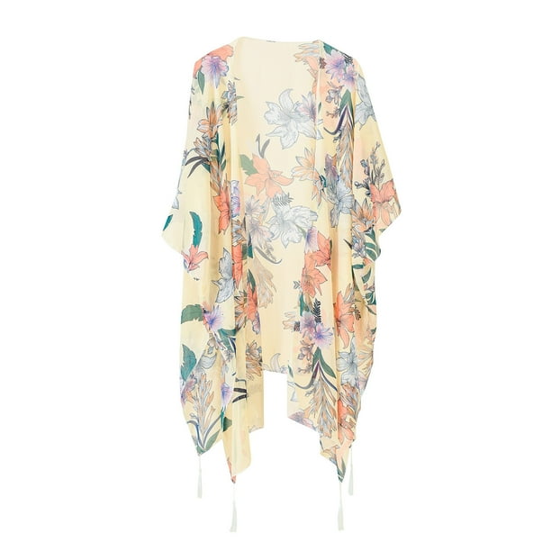 Augper Women's Kimono Beach Swimsuit Cover Up Chiffon Cardigan Summer Floral Print