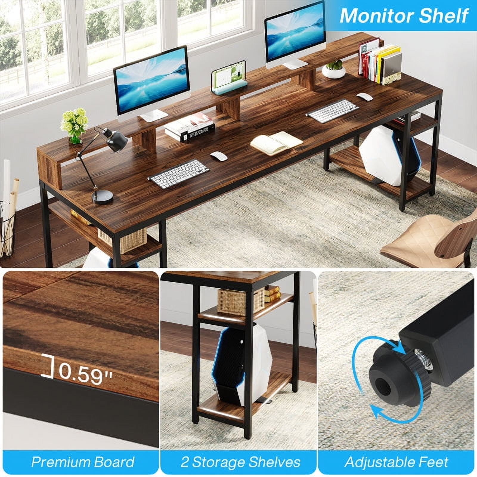 Tribesigns 78.74" Two Person Desk with Monitor Stand, Long Double Computer Desk with Storage Shelves for Home Office, Rustic Brown