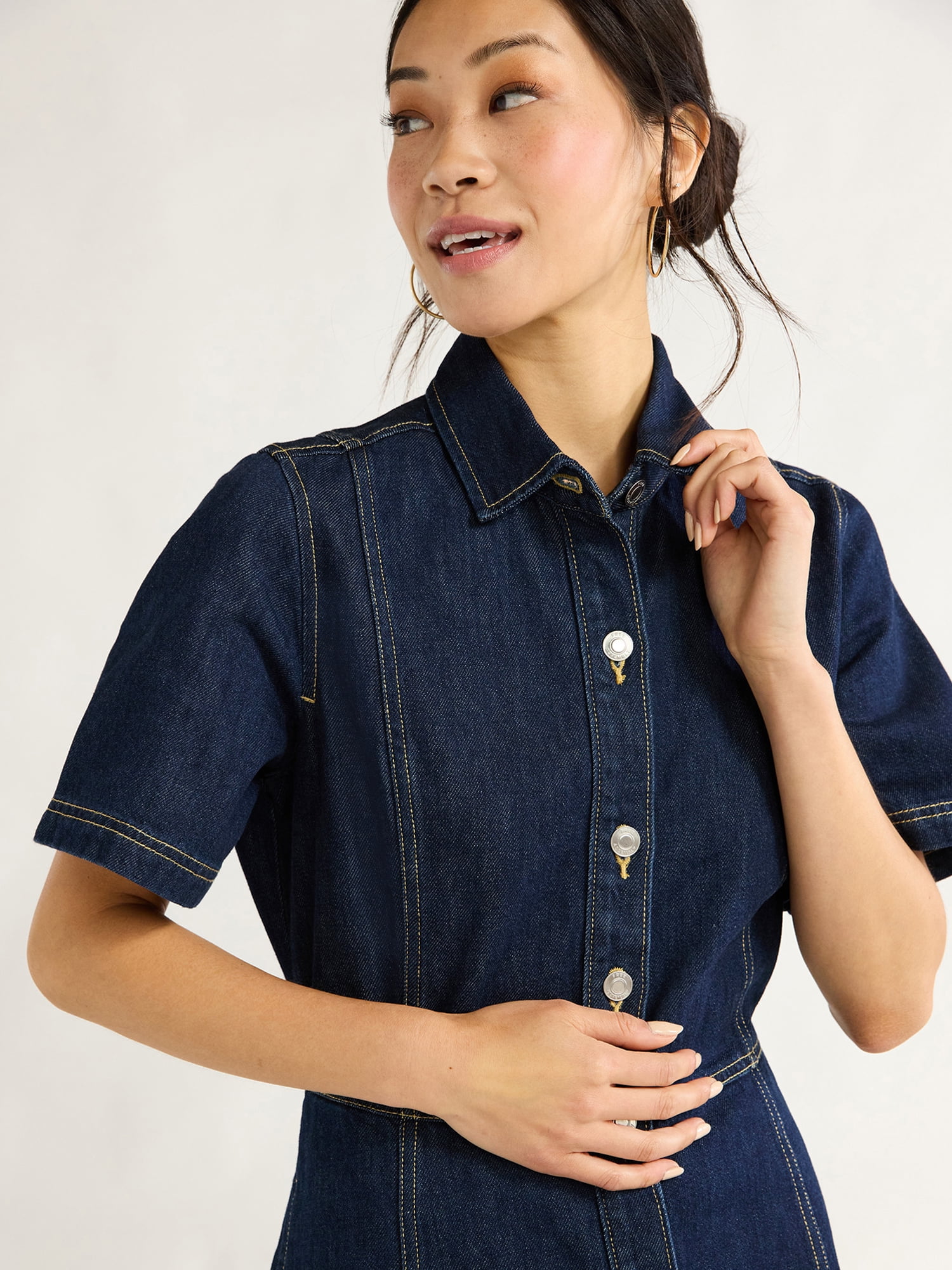 Free Assembly Women's Button Front Cotton Midi Dress with Short Sleeves, XS-XXL