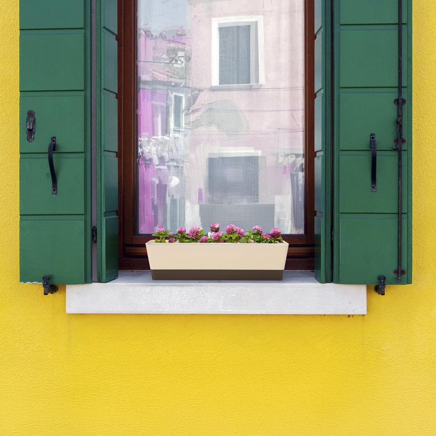 Window Boxes, 1 Pack 16 x3.8 Inch Indoor Rectangle Planter, Herb Succulent Cactus Window Box with Saucer, Modern Plastic Plant Pot for Windowsill, Garden Balcony, Home Office Outdoor Decor