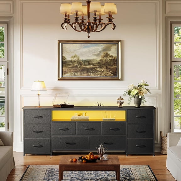 YANGLI 63 Inch TV Stand for 65, 70 Inch TV, 11 Drawer Long Dresser with Power Outlets and LED Lights, Entertainment Center with Storage, Black Dresser with PU Leather Surface