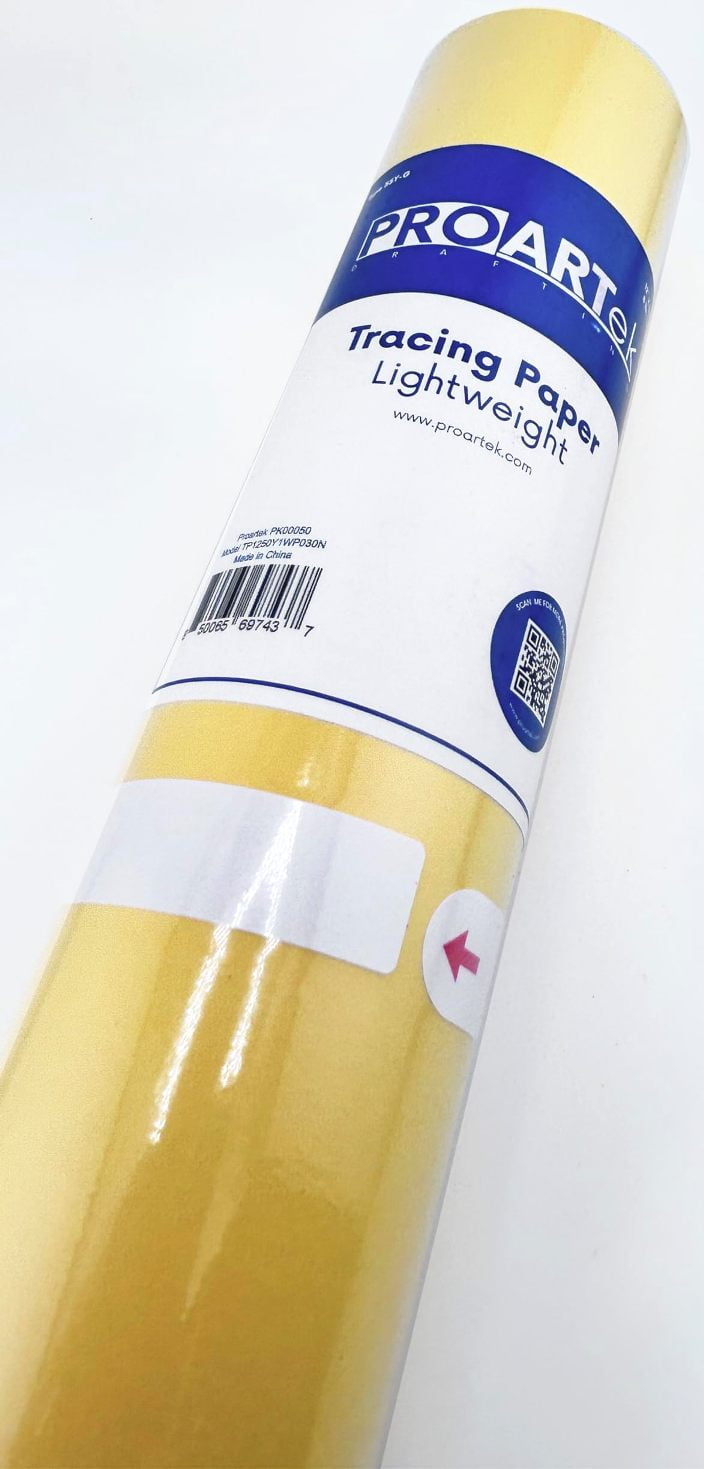 Proartek PK00050 Model TP1250Y1WP030N Type 55Y-G Yellow Tracing Paper Roll; 12 Inches x 50 Yards; 1-Inch Core; Transparent Surface; Accepts Pencil, Ink, and Marker; 8 lb. Basis Weight