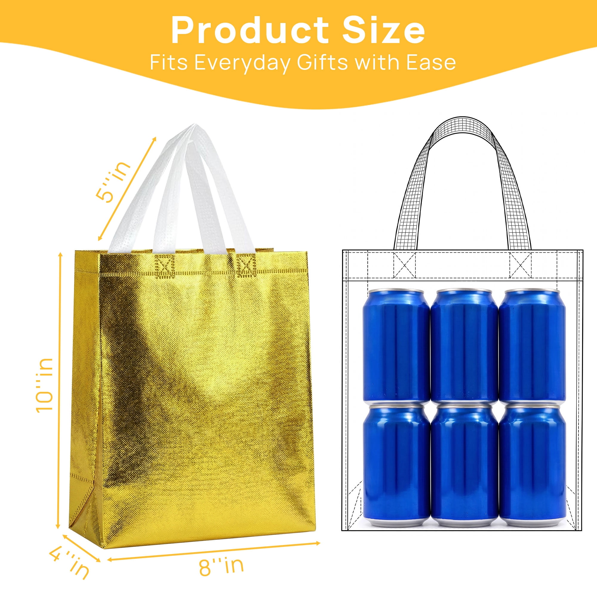 TickJOY 12 Pcs Iridescent Gift Bags with Handles, Holographic Reusable Gift Bags Medium Size, Goodie Bag for Birthdays, Christmas, Weddings, Holidays, Valentines (8"W x 4"D x 10"H, Gold)