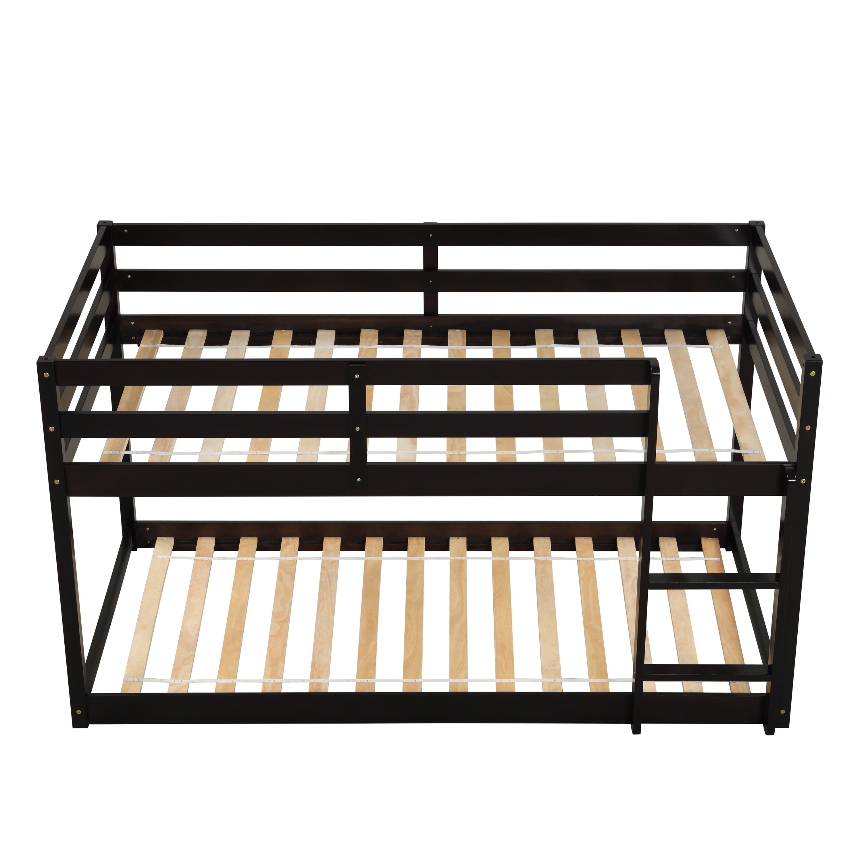 PORKISS Bunk Beds for Kids, Twin over Twin Floor Bunk Bed with Safety Rail and Ladder, Solid Wood Low Bunk Bed Frame for Boys Girls, No Box Spring Needed, Espresso