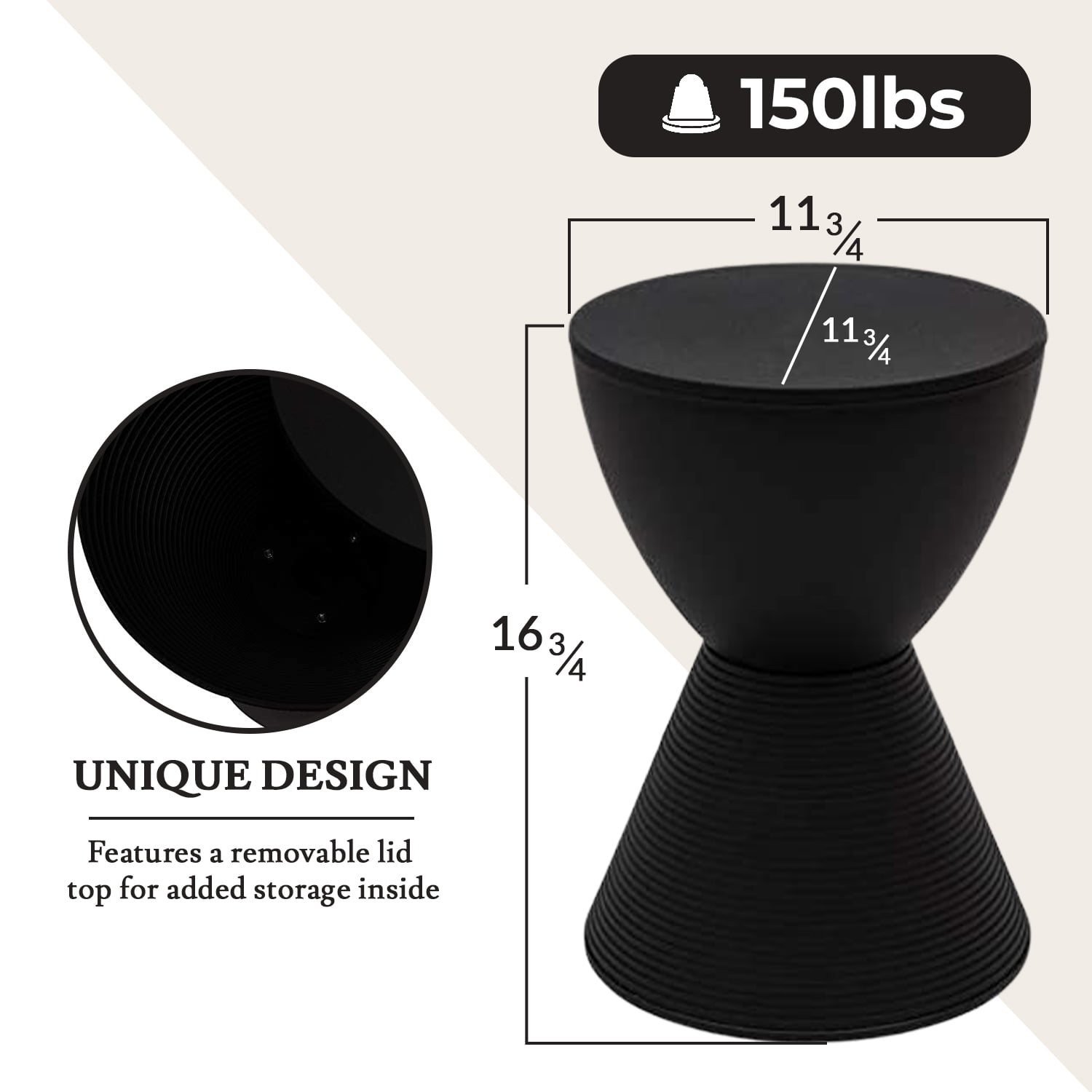 LeisureMod Side Table Modern Hourglass End Table Compact Accent Drum Table with Removable Lid for Storage Indoor and Outdoor Use Boyd Series in Black