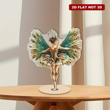 A rotating acrylic display piece featuring a beautiful peacock fairy ballerina with feathered wings in a vintage style against a white background