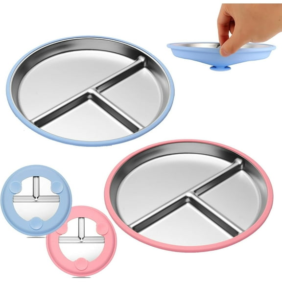 2-Pack Stainless Steel Kids Plates with Suction - Stainless Steel Toddler Plate with 9-Inch Divided Design, Baby Plates for Mealtime, Non-Toxic BPA-Free, Microwave/Dishwasher Safe