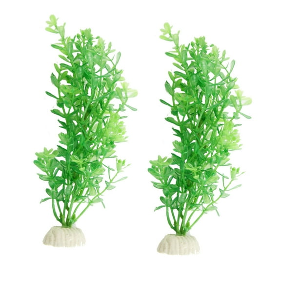 REGALWOVEN 2 Pcs Green Plastic Grass Plants w/Ceramic Base for Fish Tank Aquarium