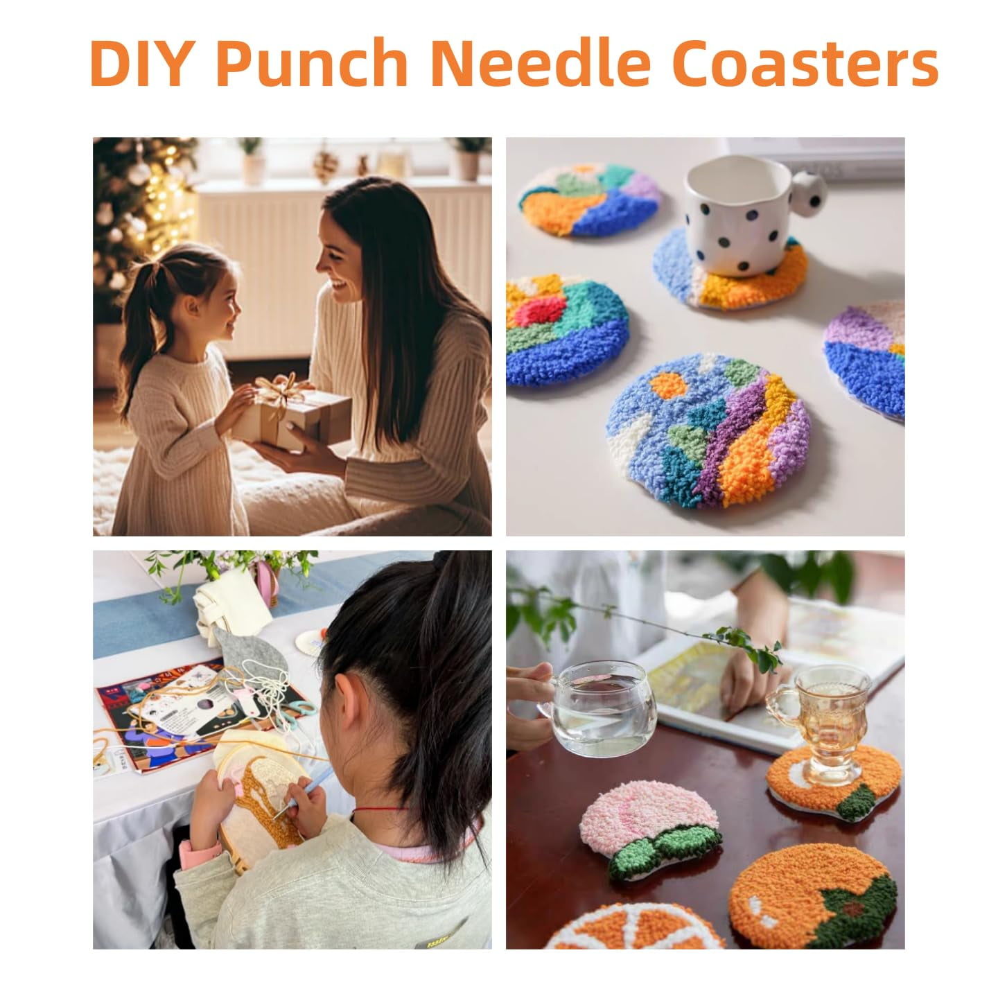 4 Set DIY Punch Needle Coaster Kits Abstract Sea Wave Sunset Flower Easy for Beginners with Adhesive Felt Hoop Punch Needle Embroidery Starter Set with Pattern for Drink Cups Mat Home Decor-17