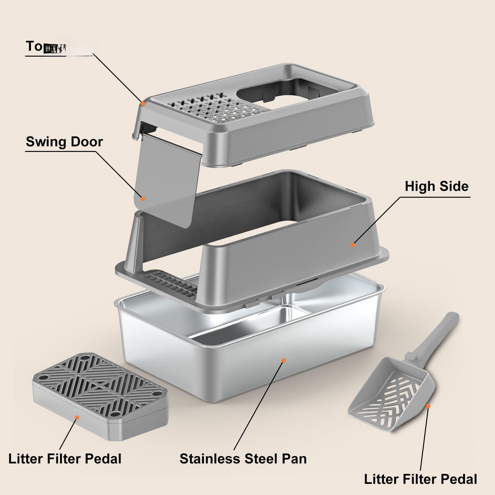 Stainless Steel Cat Litter Box With Lid Extra Large Enclosed Non-sticky Metal Pan High Sided & Scoop  Odor Free Front Top Entry Anti-leakage Easy Cleaning