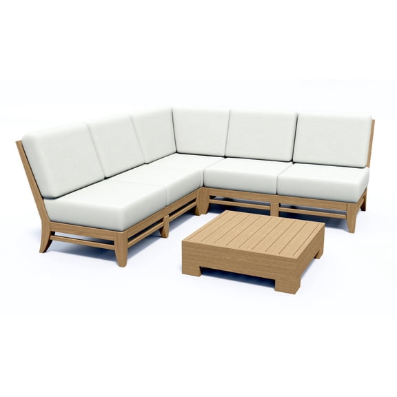 Ramled Sectional Teak Wood 4 Pc Sofa Set: 2 Sofas(Left & Right), Corner Piece & Side Table With Cushions in Outdoor Sunbrella Fabric #5404 Canvas Natural