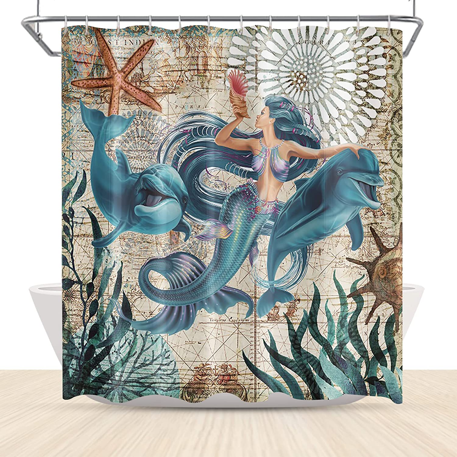 aoselan Nautical Ocean Shower Curtain Beach Theme Teal Mermaid Dolphin