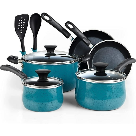 Cook N Home Pots and Pans Nonstick Cookware Set 10-Piece, Belly Shape Kitchen Cooking Set with Frying Pans and Saucepans, Induction Compatible, Turquoise