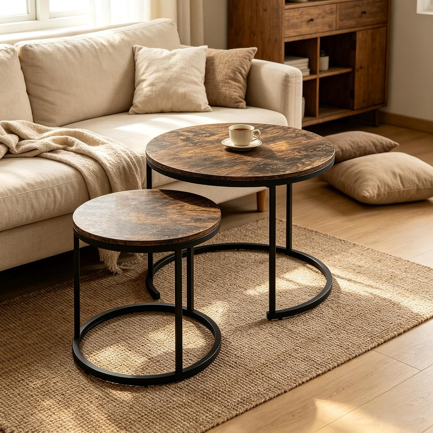 Round Coffee Tables for Living Room Set of 2 (Rustic Wooden) | living room side table Drink Tables for Small Spaces