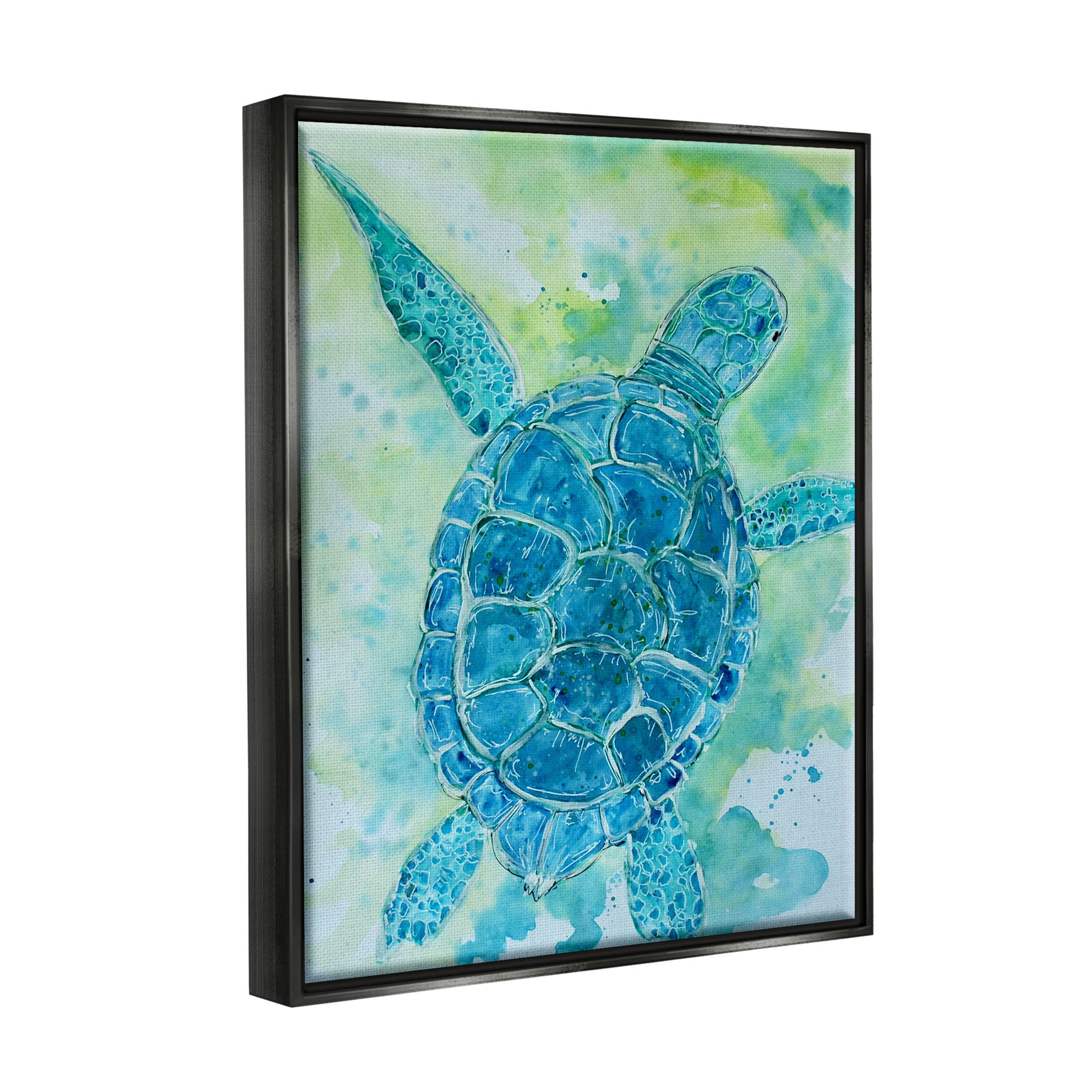 Blue Sea Turtle Aquatic Bubbles Animals & Insects Painting Jet Black Framed Art Print Wall Art