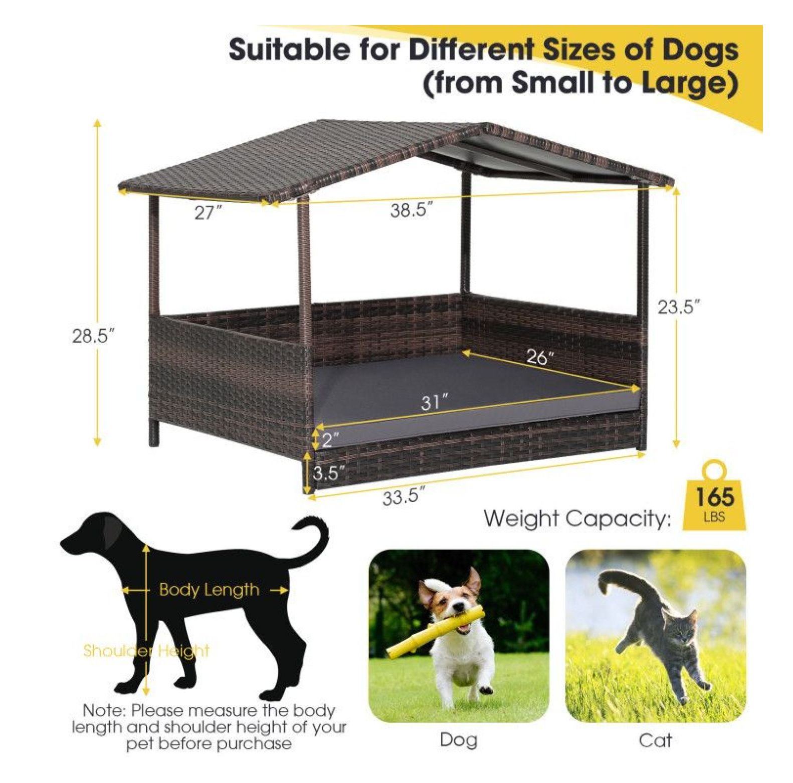 Wicker Dog House Outdoor Indoor, Weatherproof Rattan Dog Bed with Cushion - Large Dog House for Yard, Porch, Living Room, 38.5x27x28.5 Inch