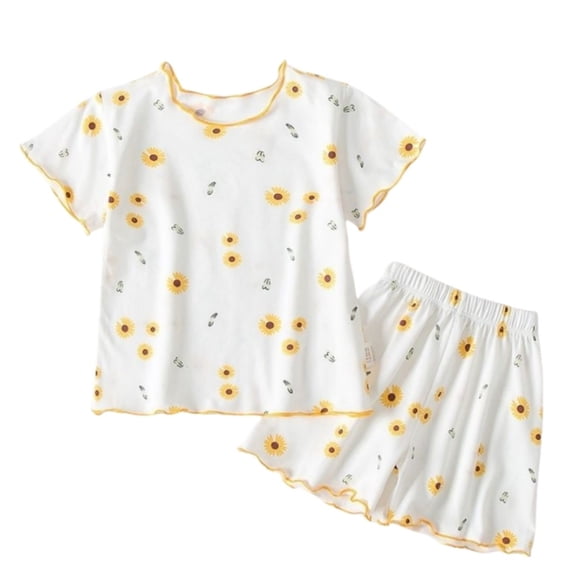 Byoo Girl Floral Print Homewear Outfit Set Short Sleeve Ruffle Trim Top Shorts Sleepwear Set Soft Comfy Cozy Loungewear