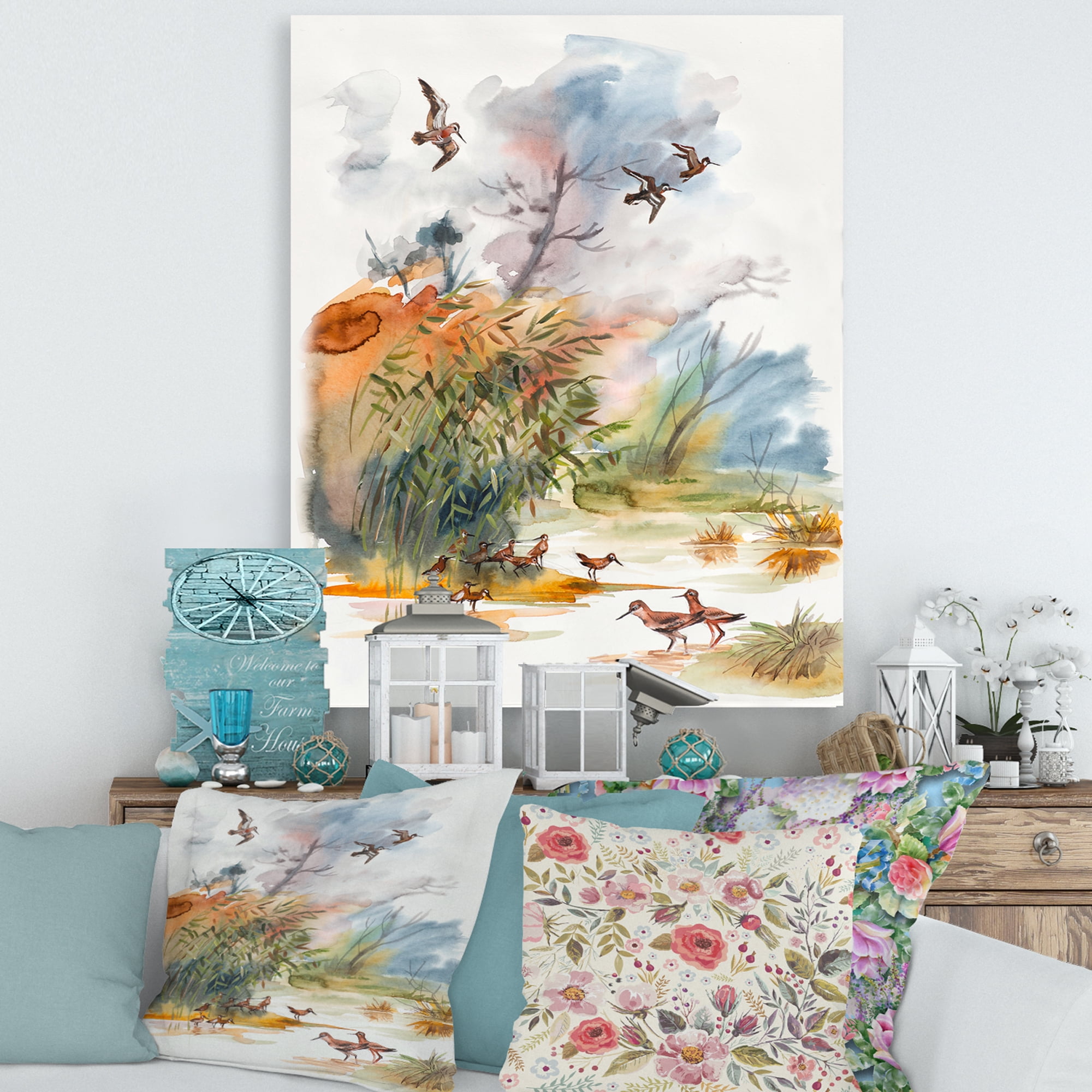 Designart ' Flying Over The Water With Autumn Landscape ' Traditional Canvas Wall Art Print