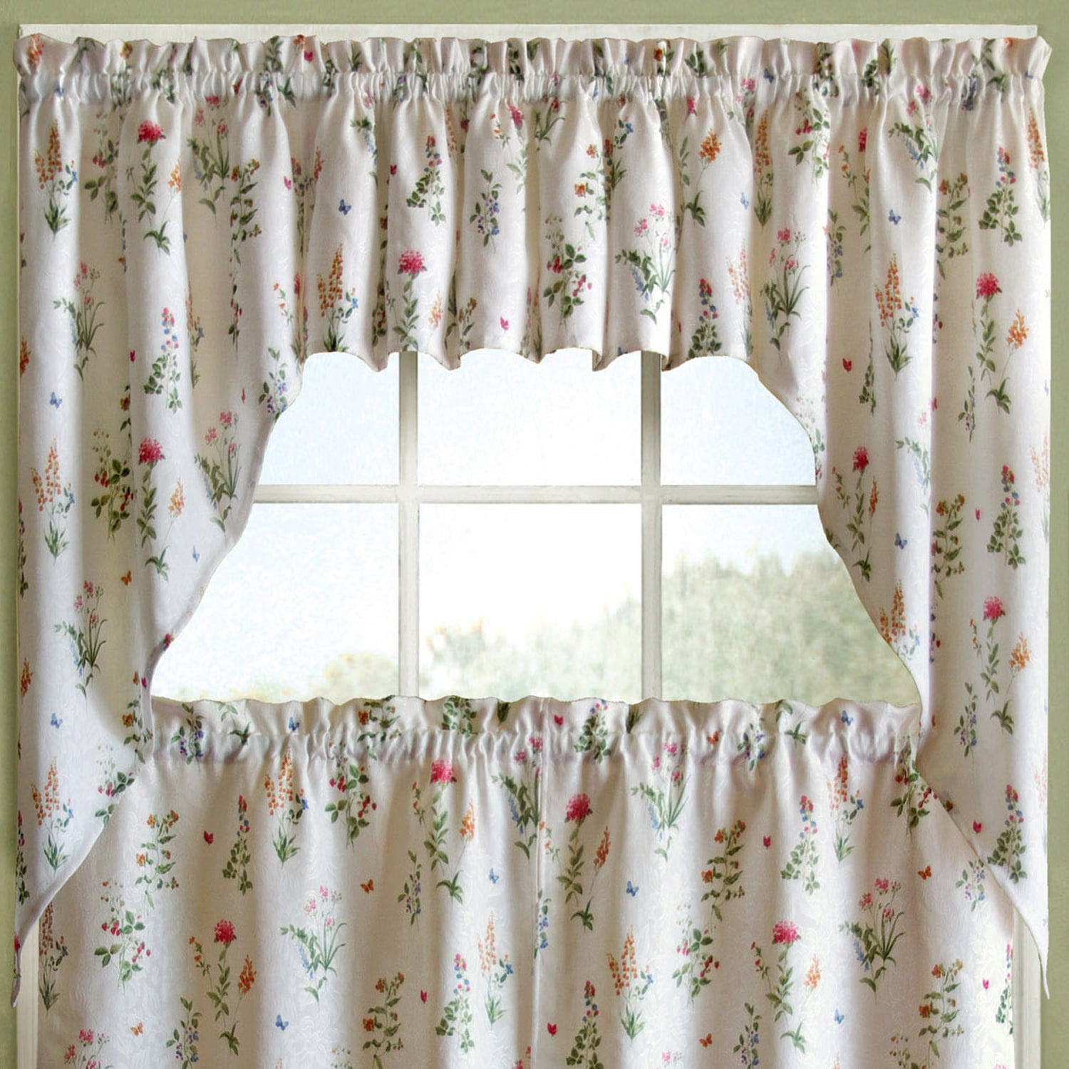 English Garden Floral White Jacquard Kitchen Curtains 38 X 55 Swag Pair Walmartcom Walmartcom
