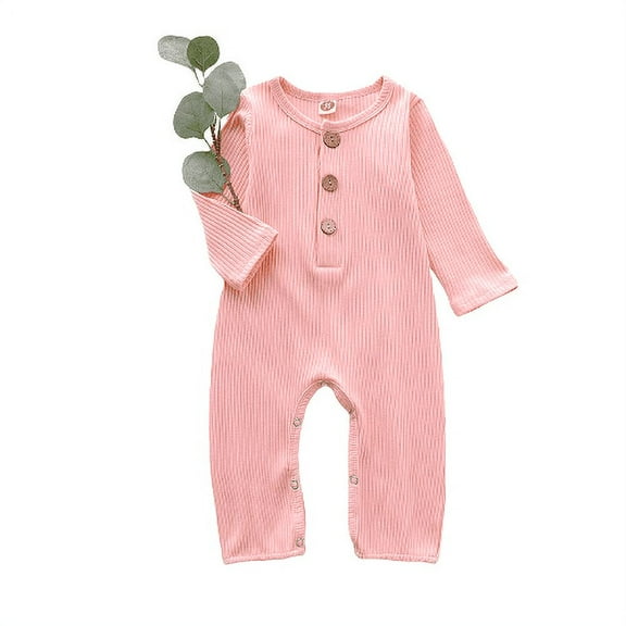 OLLUISNEO Newborn Baby Girls Romper Winter Romper Solid Color Round Neck Long Sleeve One-piece Jumpsuit 3-6 Months Pink