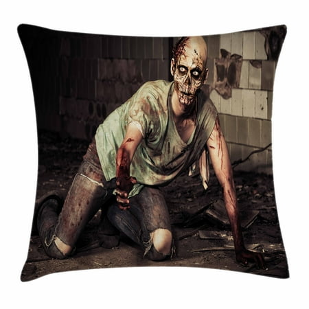 Zombie Decor Throw Pillow Cushion Cover, Halloween Scary Dead Man in Old Building with Bloody Head Nightmare Theme, Decorative Square Accent Pillow Case, 18 X 18 Inches, Grey Mint Peach, by Ambesonne