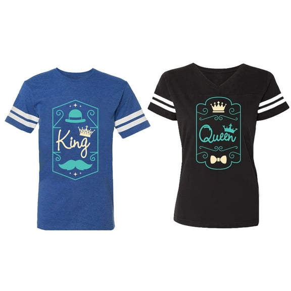 King Queen Pentagon Emerald Gold Matching Couple Cotton Jerseys (Men Royal / Women Black) (Men S / Women S)