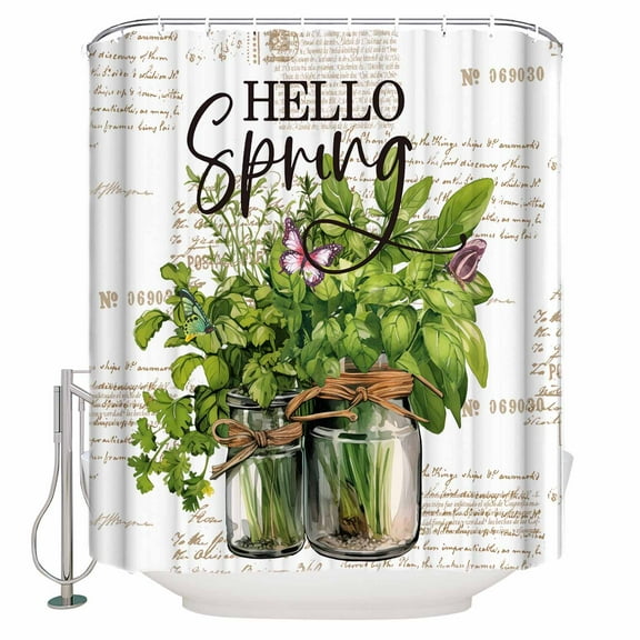 Extra Long Shower Curtain 72x96 Inch, Hello Spring Shower Curtain Waterproof Bathroom Decor Pastoral Green Botanical Farmhouse Fabric Bath Curtain Set Accessories with Hooks
