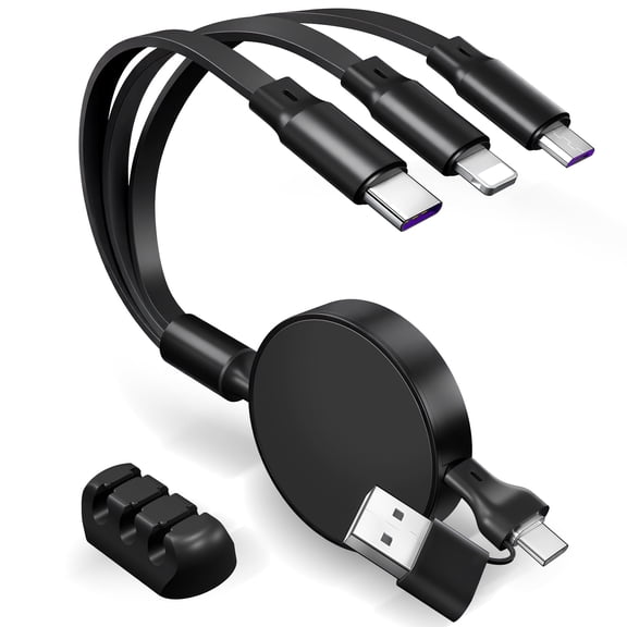 6-in-1 Multi Charger Cable with Aluminum Alloy Panel - 66W PD USB-C Fast Charger, CarPlay Enabled Data Sync Cable for Phone, Laptop, Tablet, and Car Use - Black