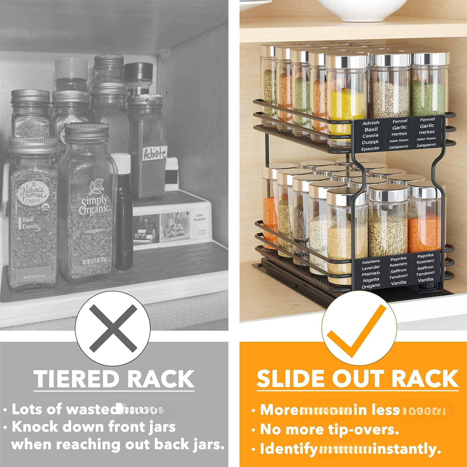 Pull Out Spice Rack Organizer For Cabinet  Heavy Duty Slide Seasoning Kitchen With Labels And Chalk Marker 6.5" W X10.75 D X8.5 H 1 Drawer 2-tier