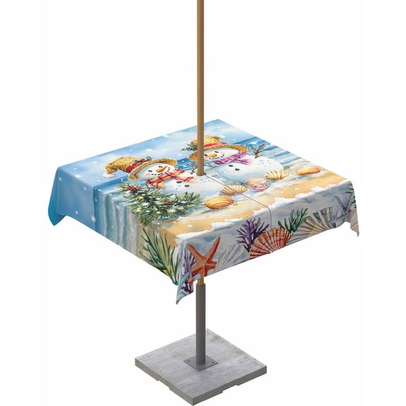 Fsddascl Coastal Christmas Outdoor Tablecloth - 60x60 Inch Square Dining Table Cover, Snowman Starfish Beach Shell Blue Waterproof Outdoor Table Cloth with Umbrella Hole & Zipper for Picnic/Patio