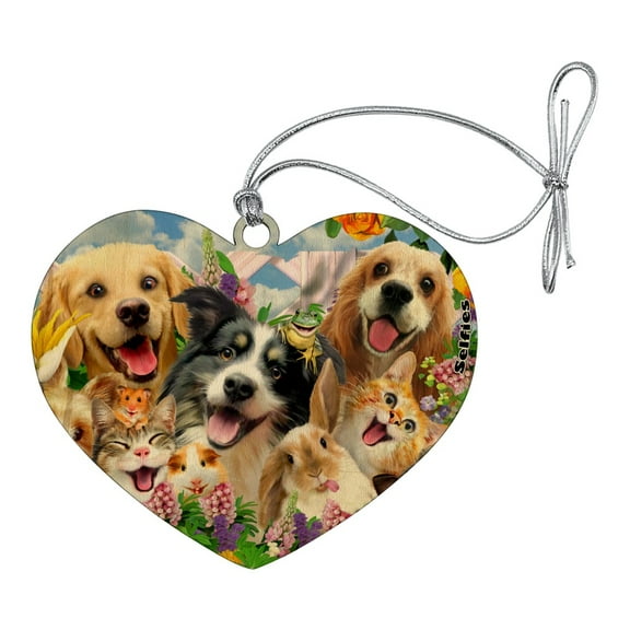 Backyard Animal Pals Selfie Dogs Cats Hamster Frog Heart Love Wood Christmas Tree Holiday Ornament
