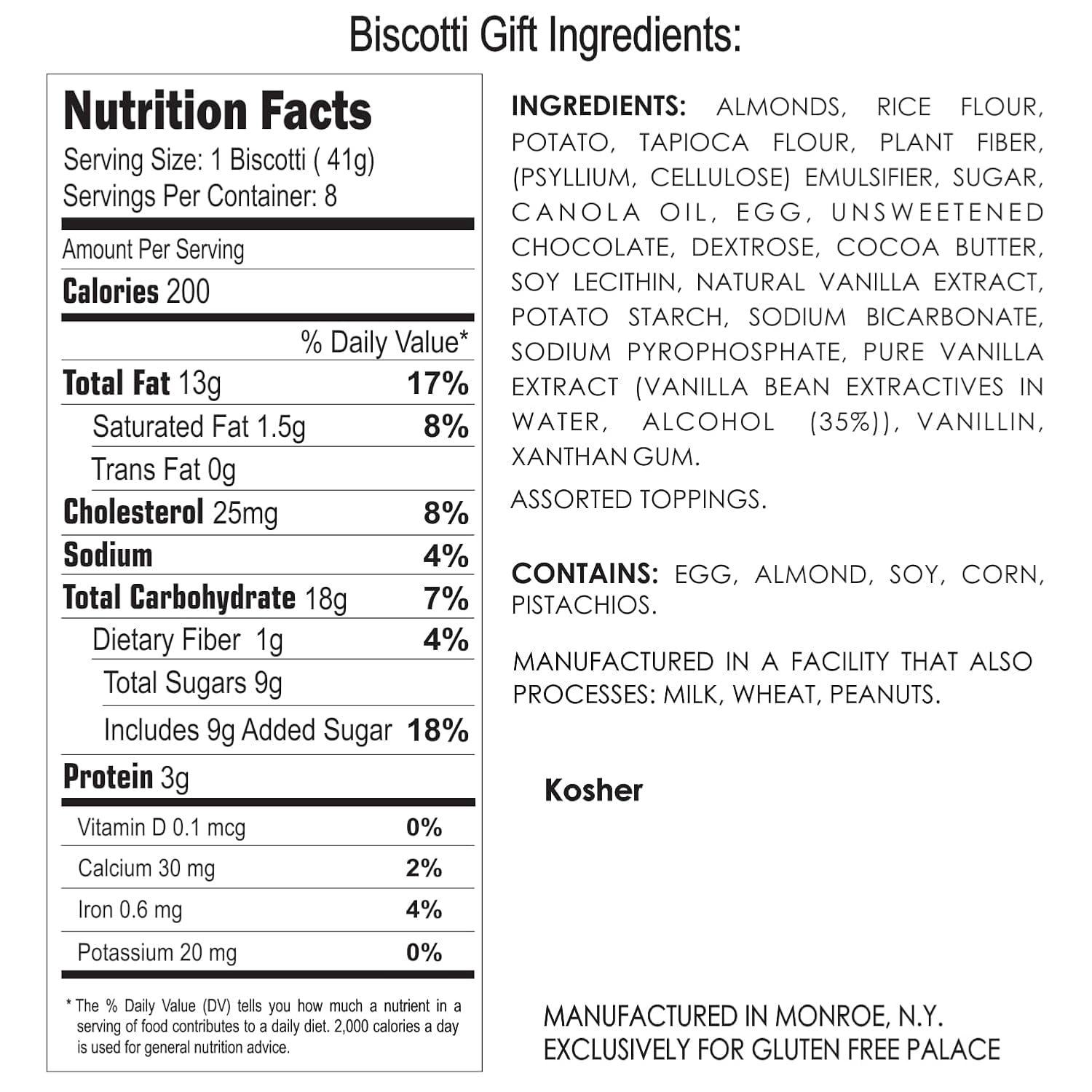 GFP Biscotti Gift Basket, Gluten Free & Dairy Free Italian Cookies, 15 Count Assorted Holiday Gourmet Treats, Kosher Ingredients