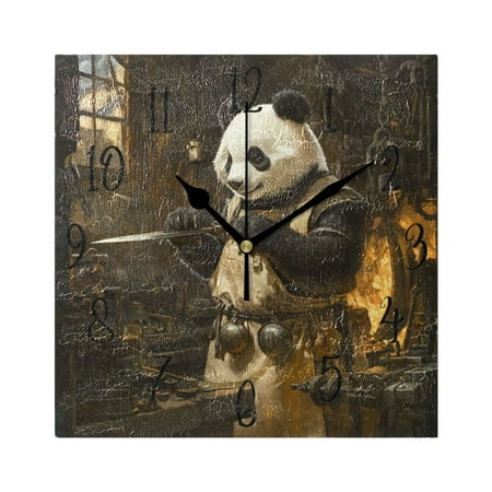 WOBOGO Panda Enjoying The Illustration Of Iron Sword Wall Clock 7.78 Inch Battery Operated Silent Unit Square Rustic Vintage Style for Home Bedroom Office Black Pointer