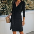 thumbnail image 2 of VSSSJ Womens Wrap V Neck Slim Long Sleeve Ribbed Knitted Dresses Solid Color Tie Waist Knee-Length Casual Cocktail Bodycon Dress Black M, 2 of 4