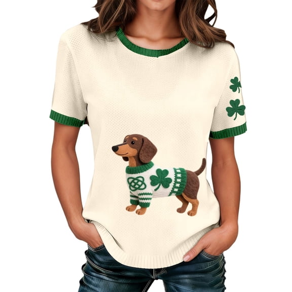 St. Patrick's Day Shirts Women Trendy Animal Shamrock Print Knitted Ribbed Short Sleeve Tops Casual Crew Neck Tees For Daily Wear