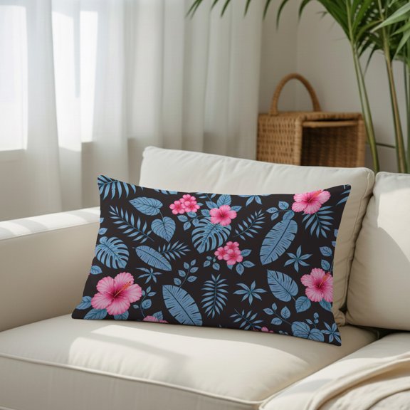 Summer Blue Leaf Pink Flower Throw Pillow Covers, Decorative Pillow Covers With Hidden Zipper Soft Brushed Microfiber Fabric, Tropical Monstera Hibiscus Pillowcases for Couch Bed 12x20in