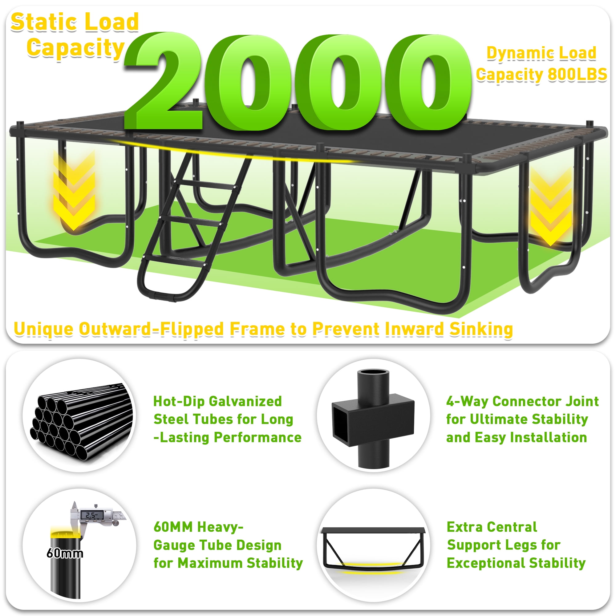 Jump Into Fun Rectangle Trampoline 10x17FT, 2000LBS Weight Capacity Heavy Duty Outdoor Large Gymnastics Trampolines for Kids and Adults with Enclosure Net