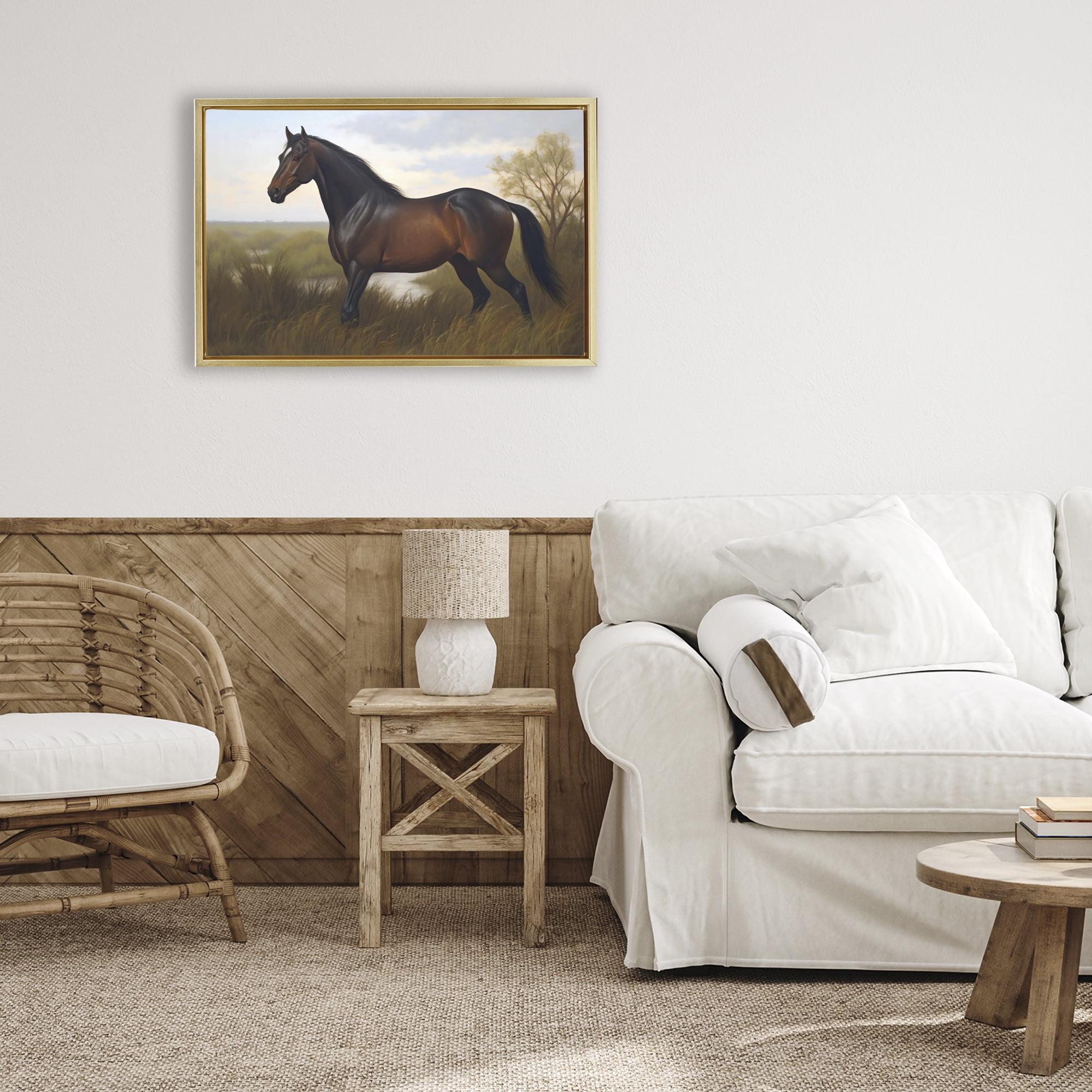 Stupell Industries Stallion in Marshland Gold Framed Floater Canvas Wall Art, design by Creative Studio