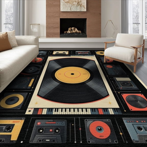 ODIKA 8'x10' Washable Area Rug Personalized Album Cover Vinyl Record Disc Movie Theater Juice for King Size Bedroom Under Bed, Master Suite, Non-Shedding, Easy Care