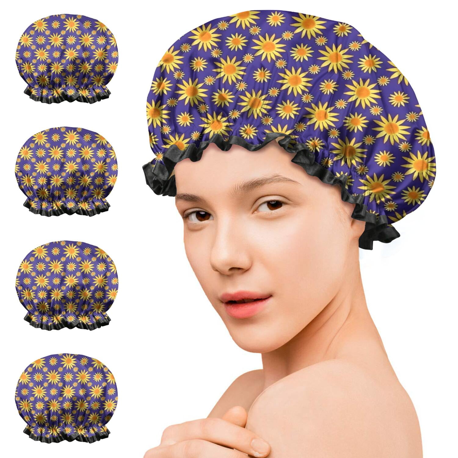 Shower Caps,Purple Sunflower Pattern Waterproof Shower Cap for Women 4 Pieces,Double Reusable Hair Cover for Shower PEVA Elastic Stretch Hem