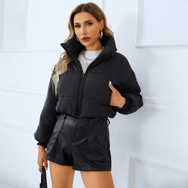Women's Winter Cropped Zip Up Puffer Jacket Stand Collar Long Sleeve Short  Thick Puffy Winter Bubble Coat Outerwear 