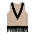 thumbnail image 4 of Vivianyo HD Women's Deep V-Neck Fringe Trim Sleeveless Tank Top, Western Boho Color Block Casual Vest Top, Women's Beige, Sizes S-2XL, 4 of 8