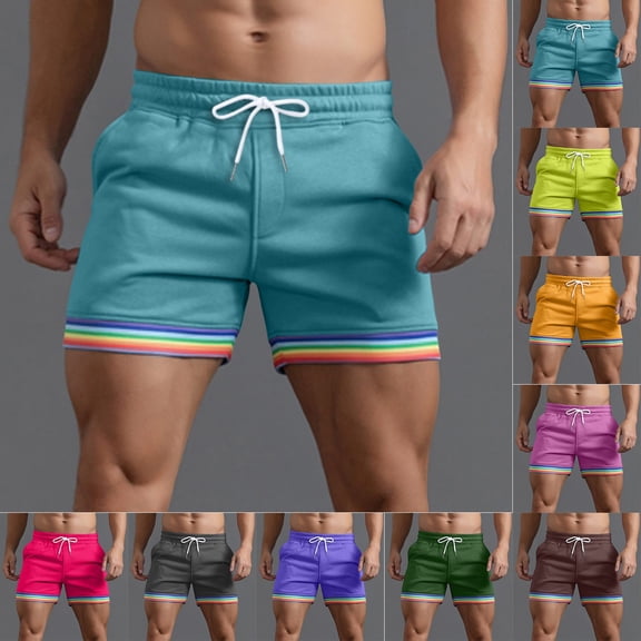 XDZJLR Men's Shorts Summer Solid Color Rainbow Pocket Drawstring Loose Casual Sports Straight Beach Breathable Mens Running Shorts S-4Xl