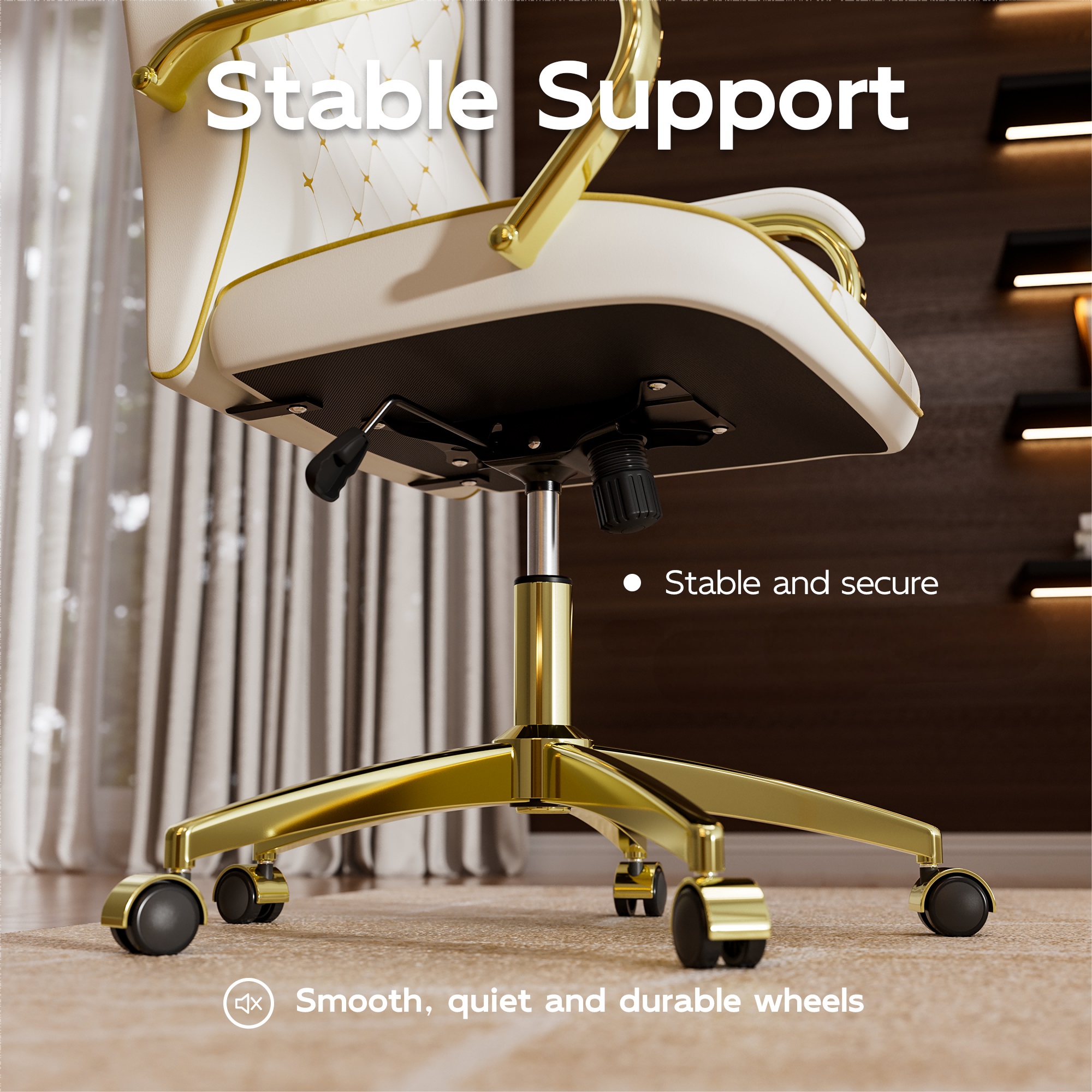Ninecer White and Gold Office Chair with Soft Leather Embroidery, Mid Back Vintage Swivel Executive Desk Chair with Wheels and Padded Arms, Adjustable Height