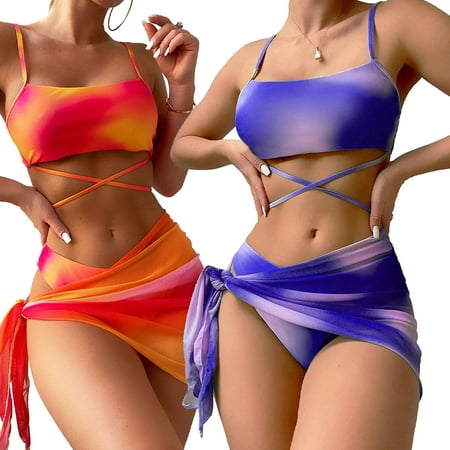 Fjuchai Women Bikini Swimwear 3 Piece Set Gradient Tie Dye Cut Swimsuits Summer Bathing Suit with Beach Skirt Outfit 3PCS