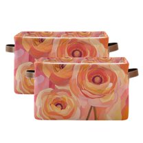 Yayeee 2 Pack Canvas Storage Basket with Handles for Shelves Fabric Bins Closet Organizer, Pink Flowers