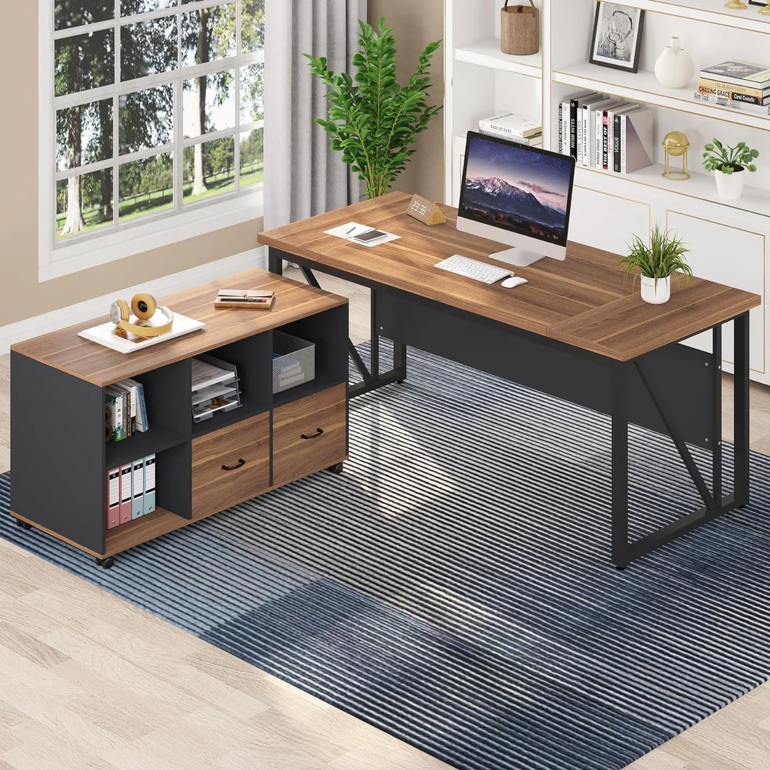 MAYEERTY L-Shaped Computer Desk, 55" / 63" Executive Desk and Mobile File Cabinet