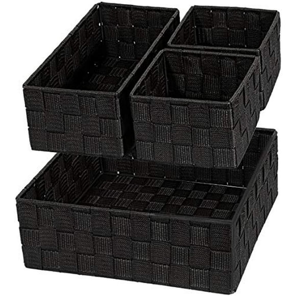 VK VK?IVING Woven Storage Box Basket Bin Container, Woven Strap Basket, Nylon Woven Box Basket, Underwear Bra Storage Organizer Divider for Drawer, Dresser, Closet, Black, Set of 4
